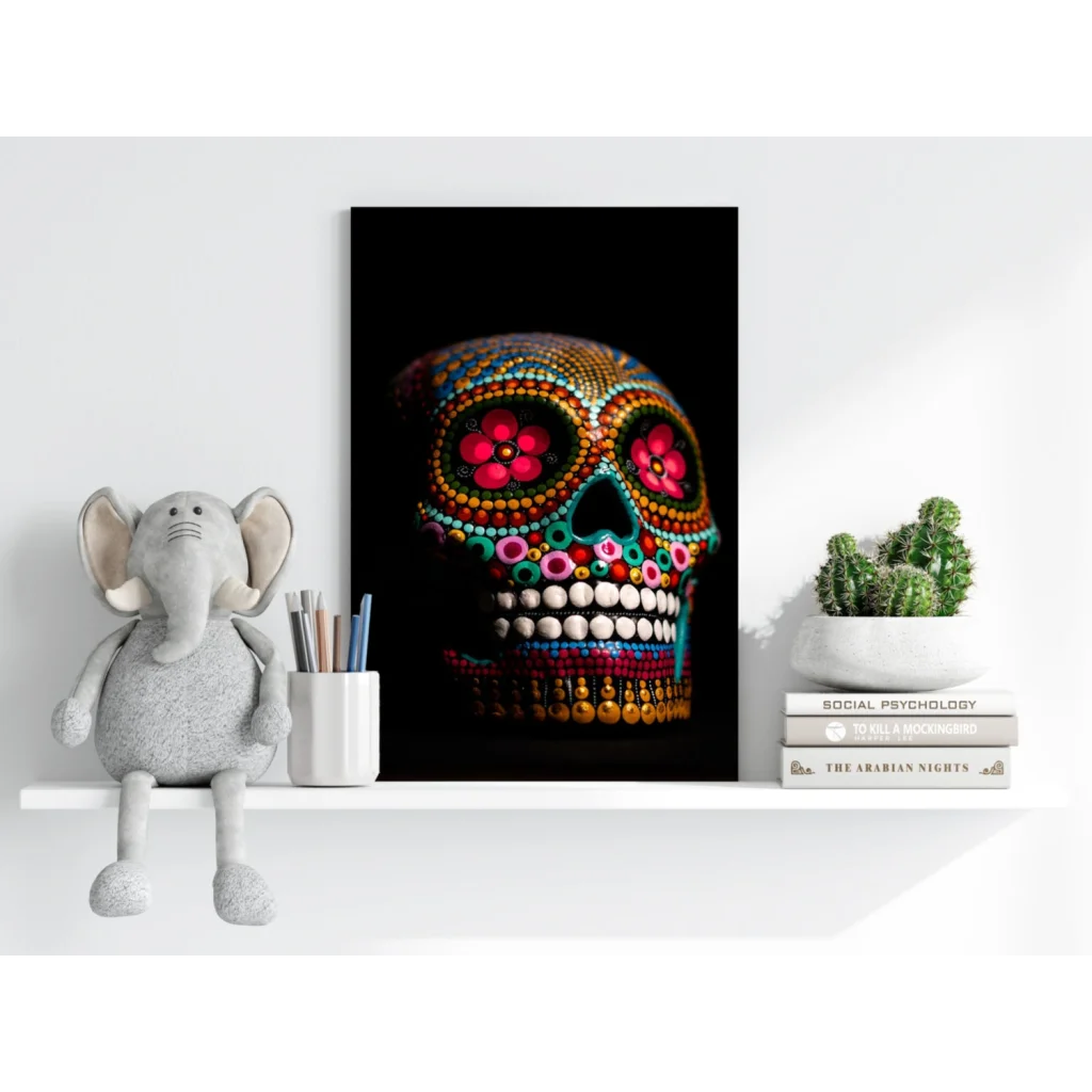 Vibrant beaded sugar skull on insigne aluminum print with pink flowers