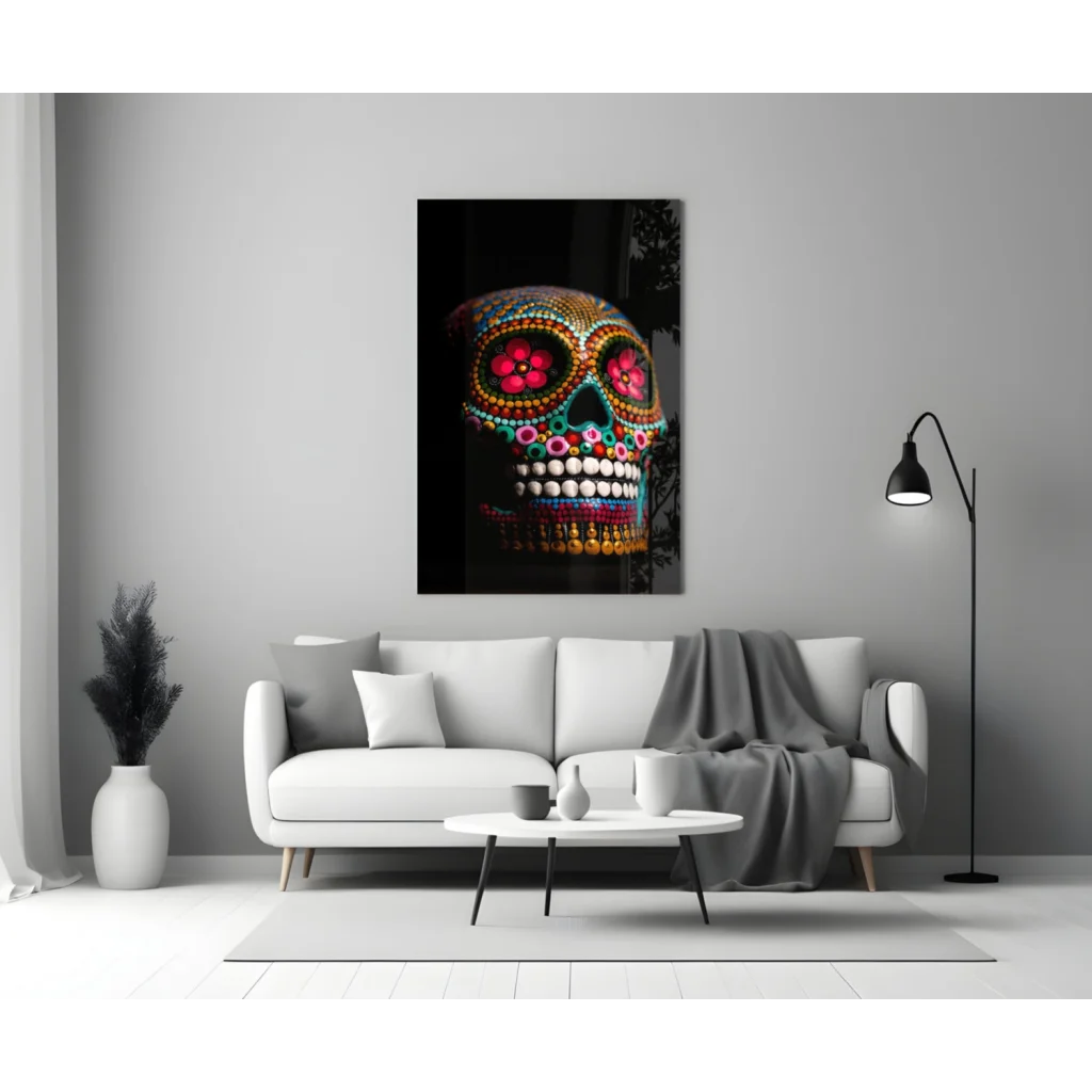 Vibrant sugar skull glass wall art print with floral patterns
