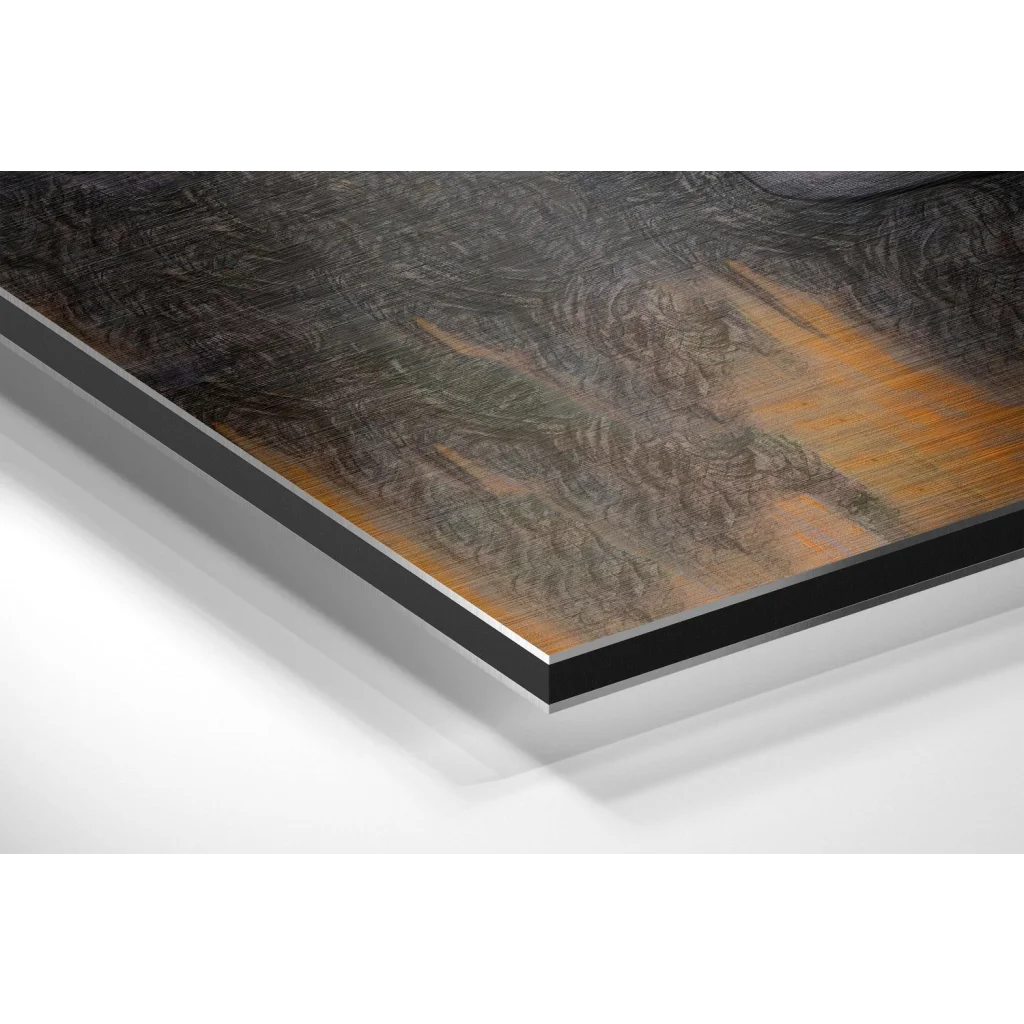 Stunning brushed aluminium dibond abstract art print in dark gray and warm orange-brown tones, framed in sleek black