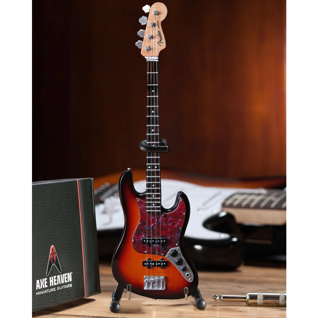 Mini sunburst Fender Jazz Bass with adjustable A-frame stand