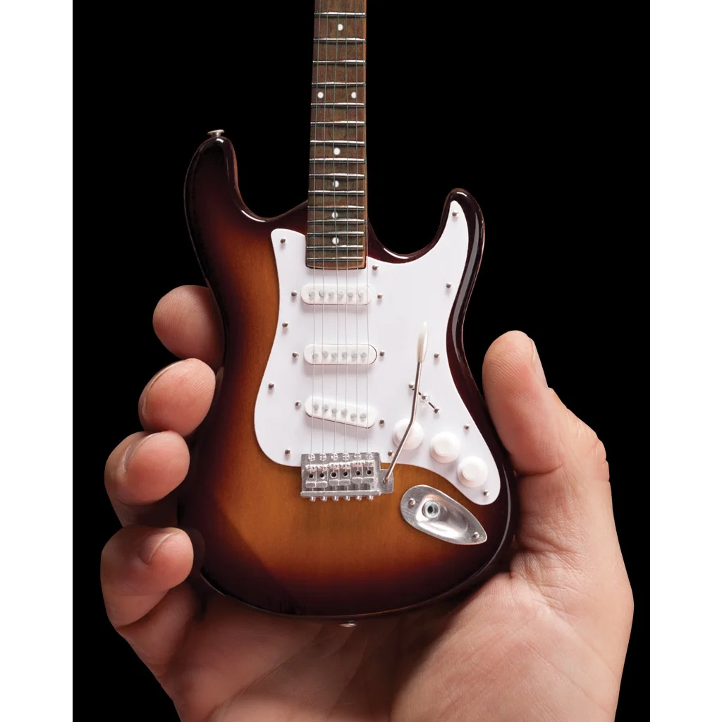 Mini sunburst Fender Strat guitar model with adjustable A-frame stand