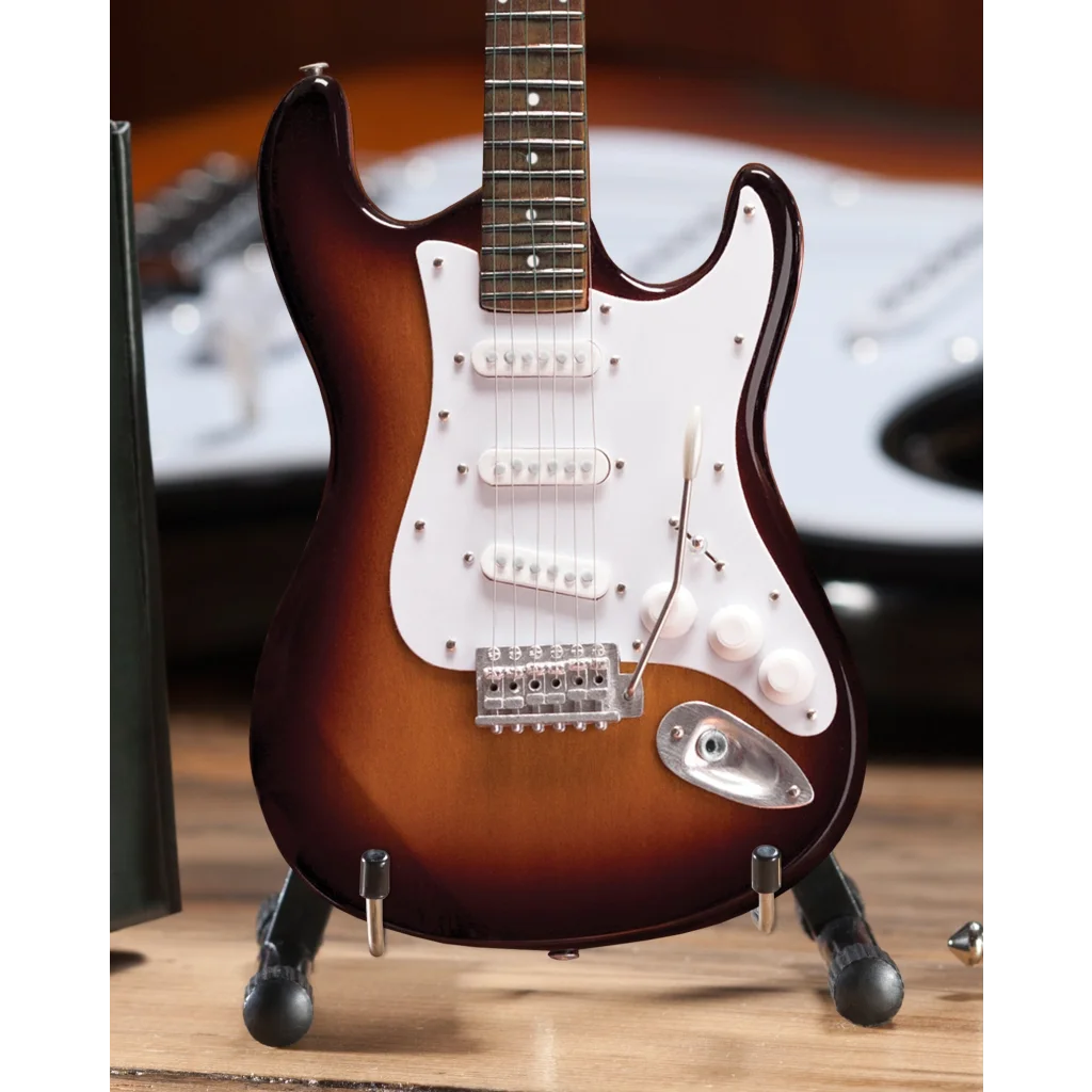 Sunburst Fender Strat mini guitar with white pickguard, black hardware, adjustable A-frame stand