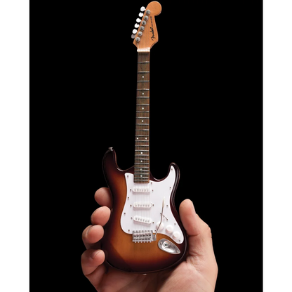 3-color sunburst Fender Strat mini guitar with white pickguard, black hardware, Axe Heaven adjustable A-frame stand