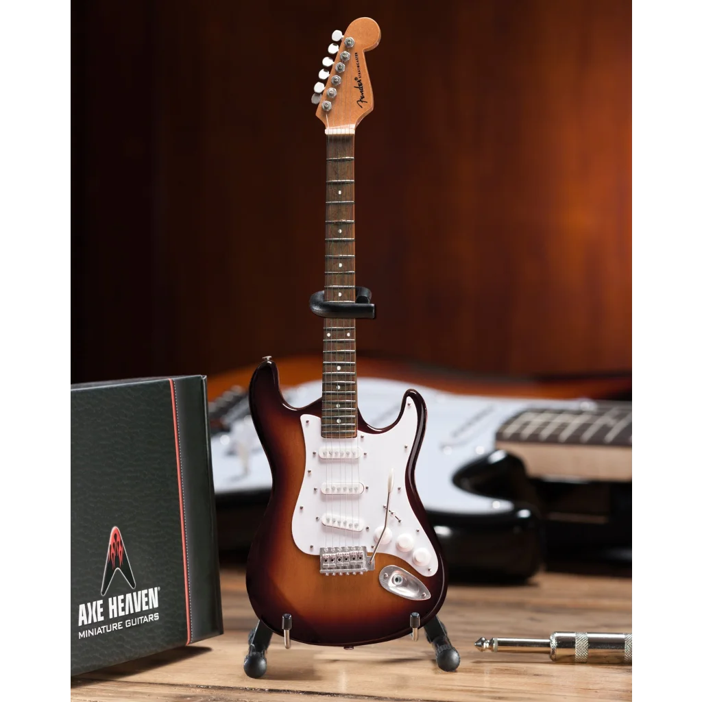 Mini Sunburst Fender Strat with Axe Heaven adjustable A-frame stand