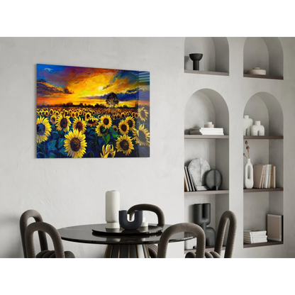 Vibrant sunset sunflower field glass wall art print on white wall