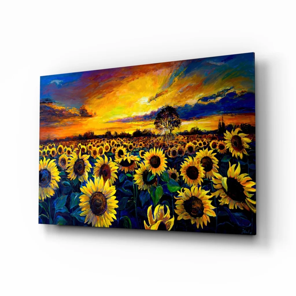 Vibrant sunflower field glass wall art under dramatic sunset sky