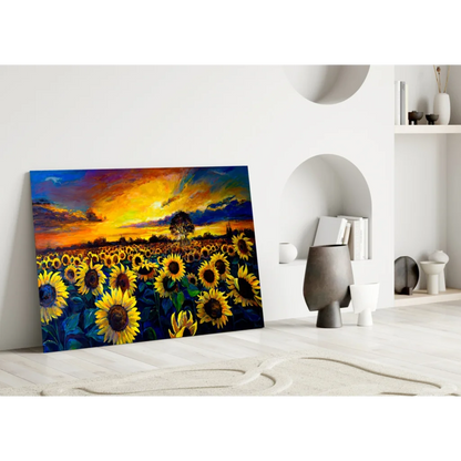 Vibrant sunset sunflower field on glass wall art print