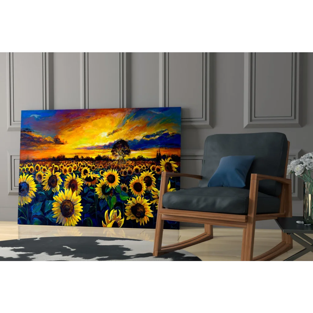 Vibrant sunflower field glass wall art with bold yellow blooms and sunset sky