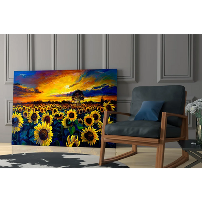 Vibrant sunflower field glass wall art with bold yellow blooms and sunset sky