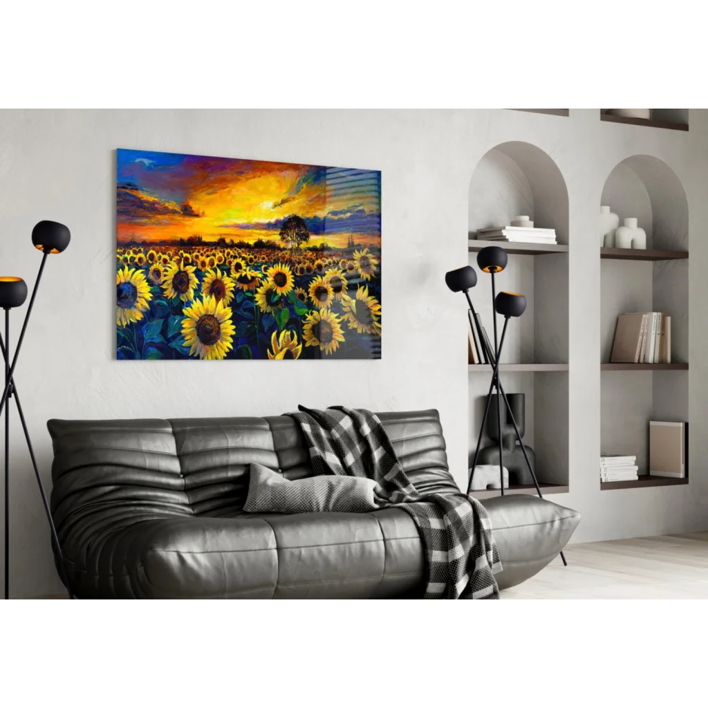 Vibrant sunflower field glass wall art print with sunset sky