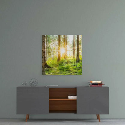 Modern gray sideboard with open shelves and copper legs under Sunlit Forest wall art