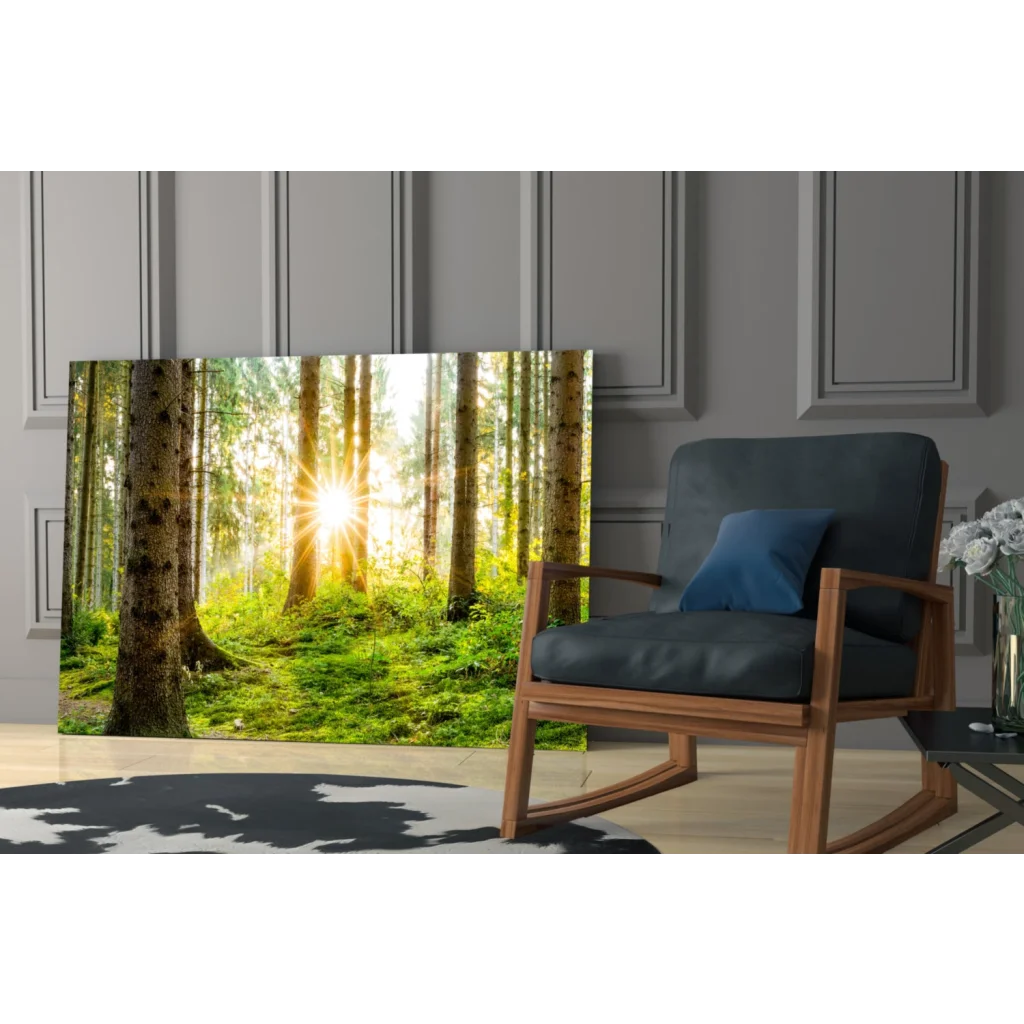 Sunlit forest wall art canvas with vibrant green trees