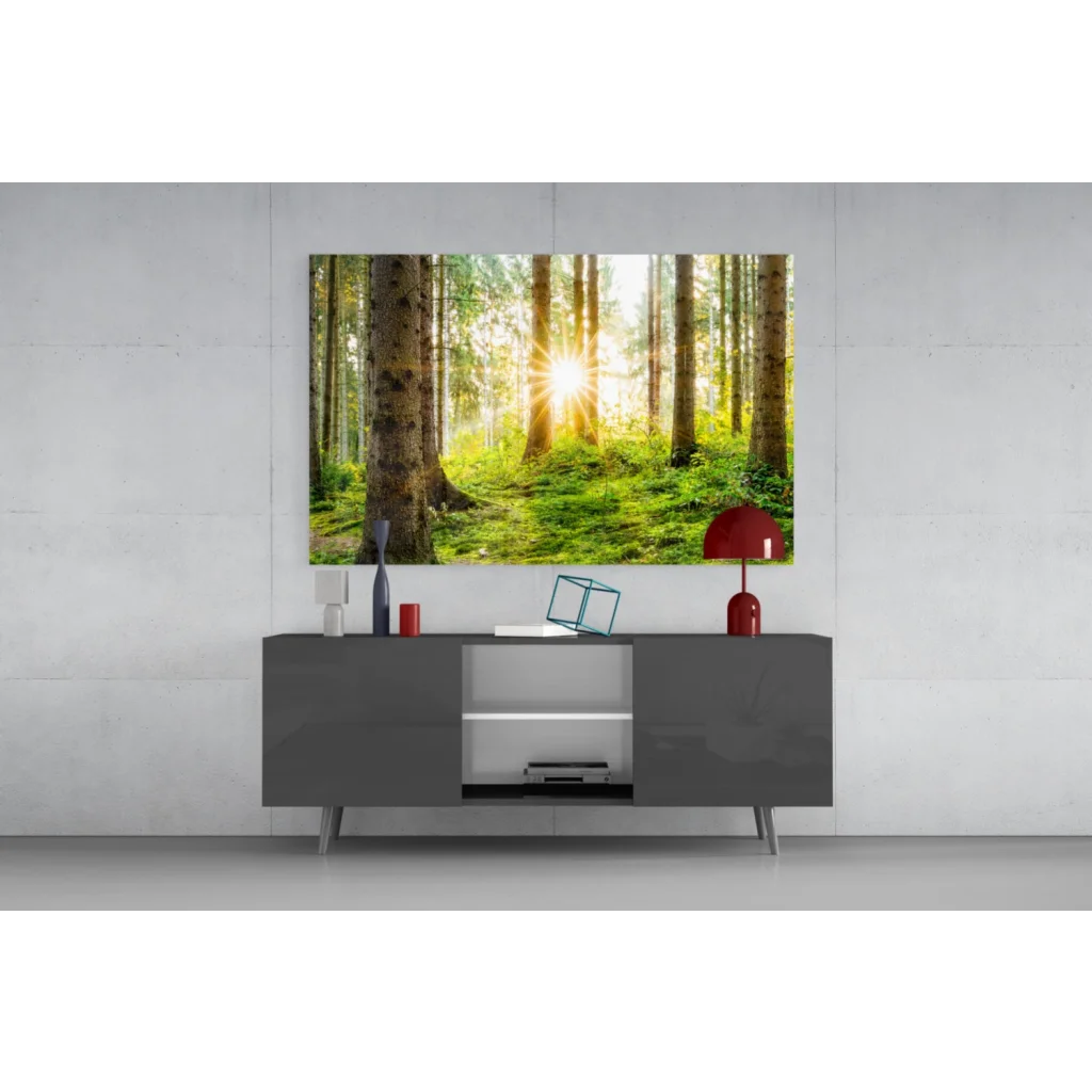 Sunlit forest canvas wall art with vibrant green trees