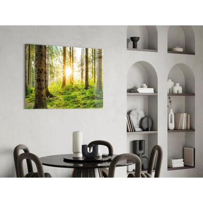 Sunlit forest canvas wall art with golden light and vibrant green trees