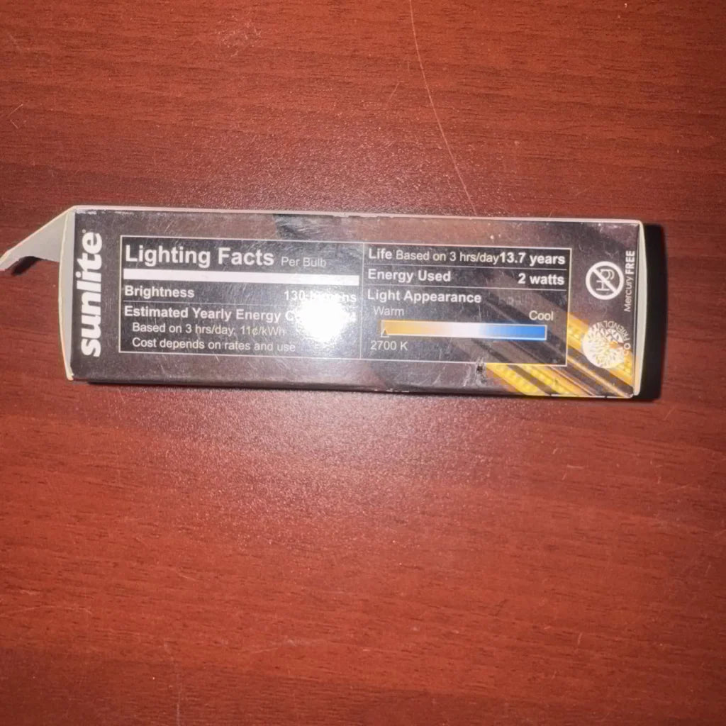 Sunlite 25W T8 bulb lamp packaging, black-yellow, 130 lumens specs