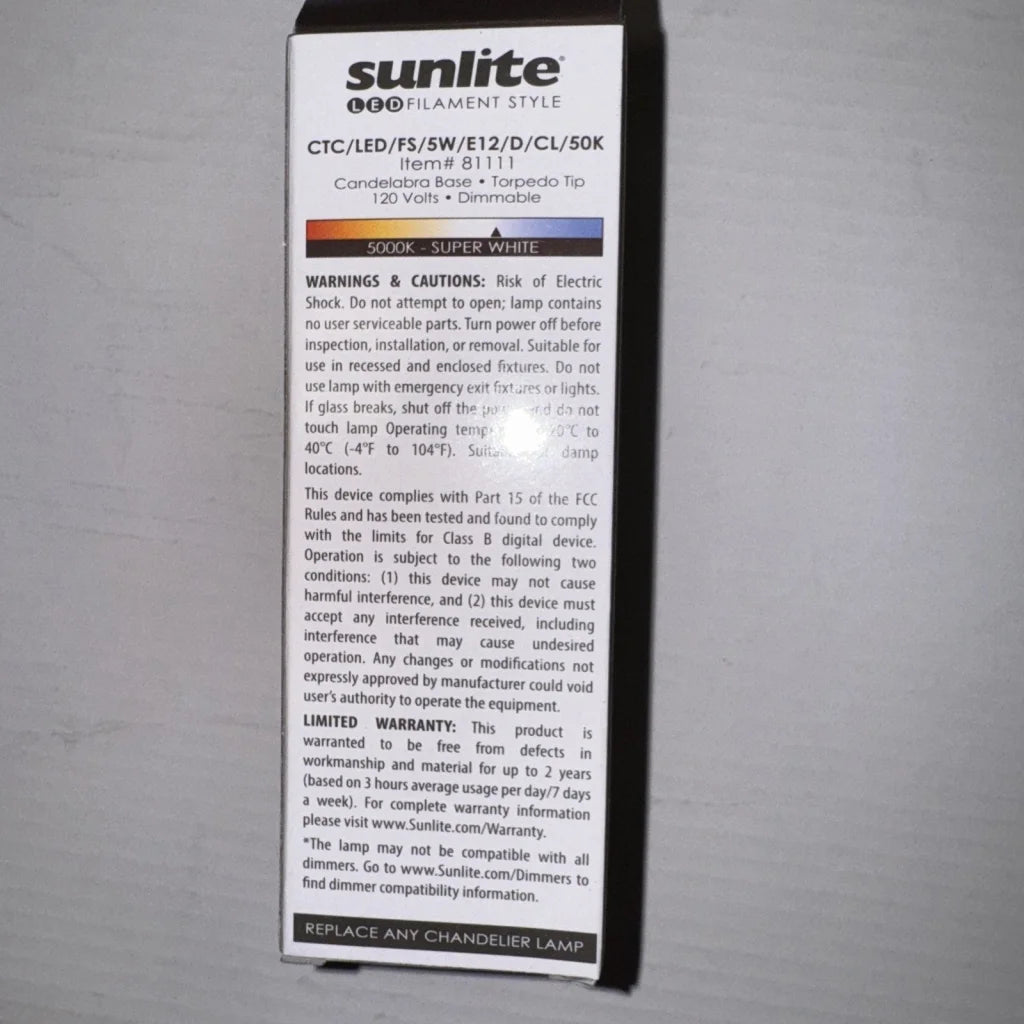 Sunlite chandelier 5 watt 120v LED bulb 650 lumens candelabra torpedo