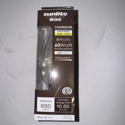 Sunlite chandelier 5 watt 120v LED bulb with filament-style design