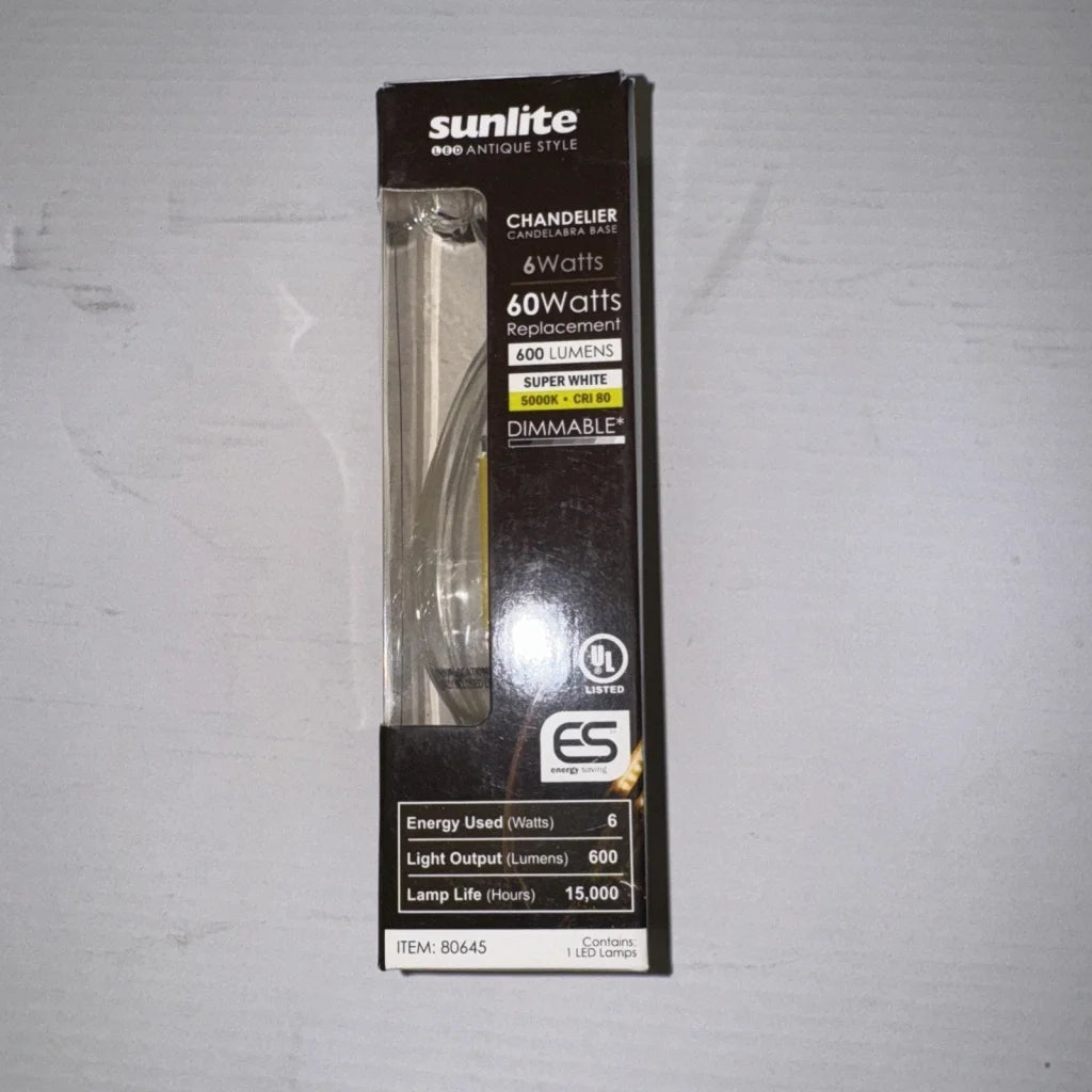 Sunlite chandelier 6 watt item antique style LED bulb, clear glass