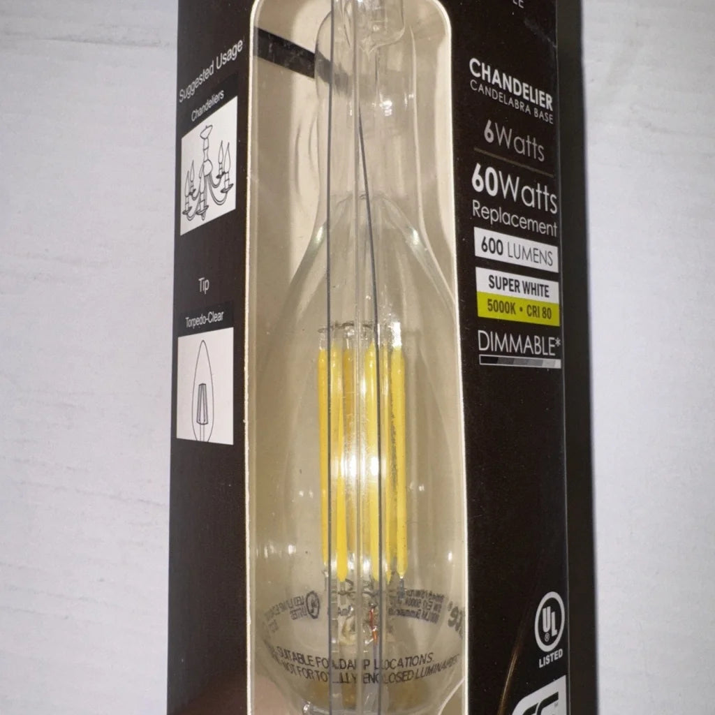 Sunlite chandelier 6 watt item 80645 antique style LED candle bulb