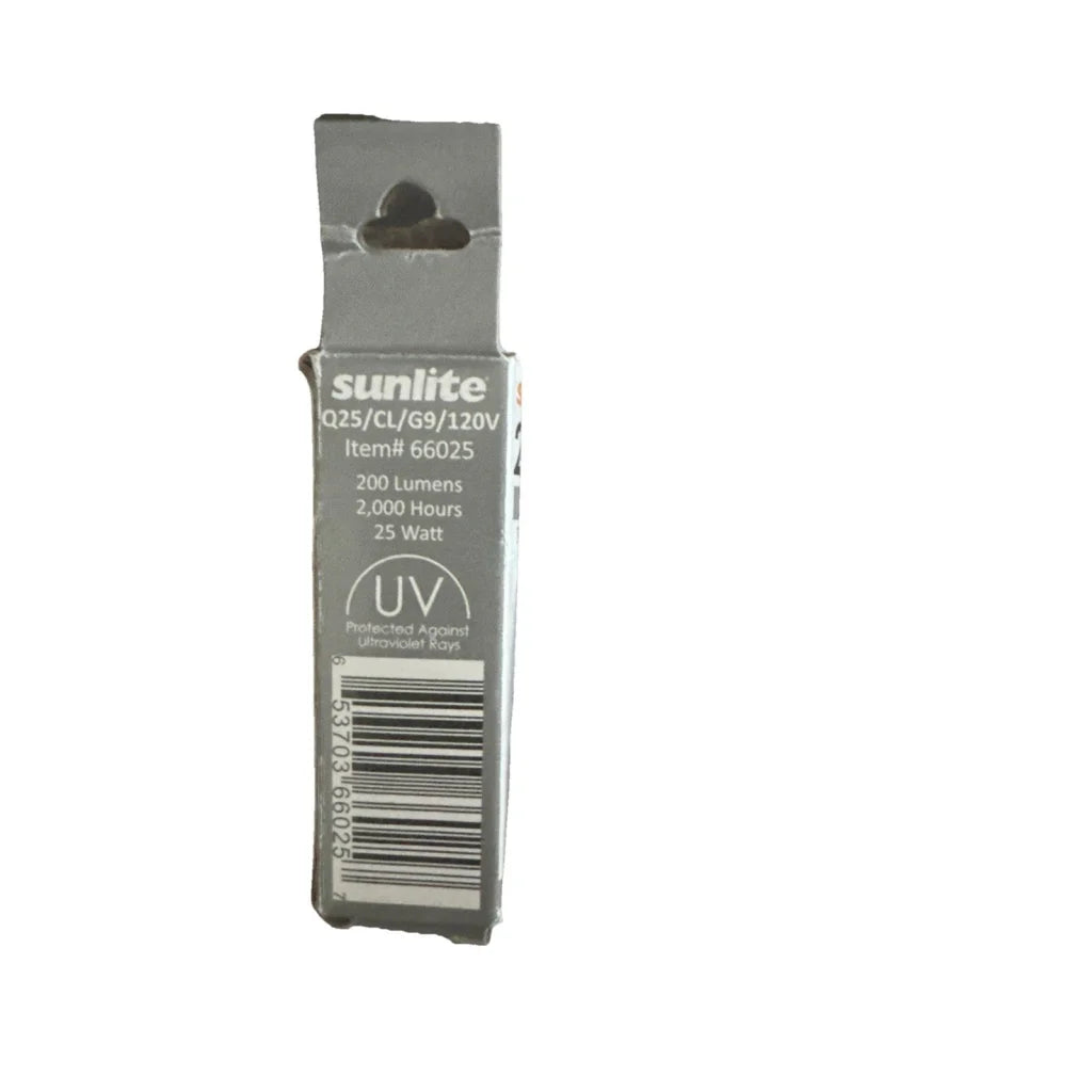 Sunlite incand light Q25/CL/G9/120V bulb packaging with barcode
