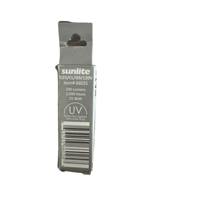 Sunlite incand light Q25/CL/G9/120V bulb packaging with barcode