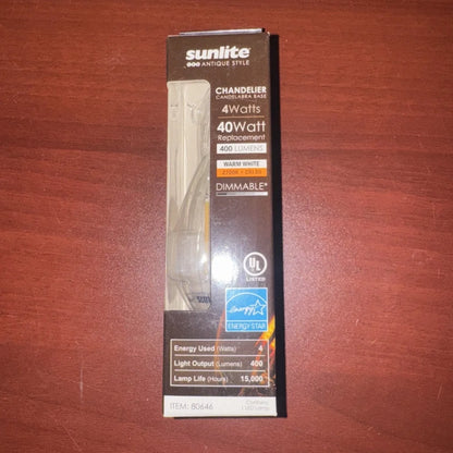 Sunlite LED filament chandelier bulb 4W=40W dimmable warm white 2700K
