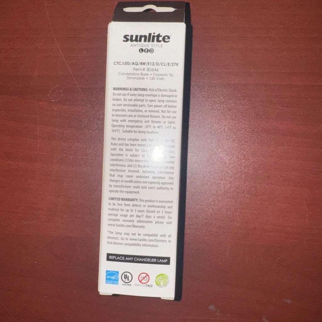 Sunlite LED filament chandelier bulb 4W=40W torpedo tip in white packaging