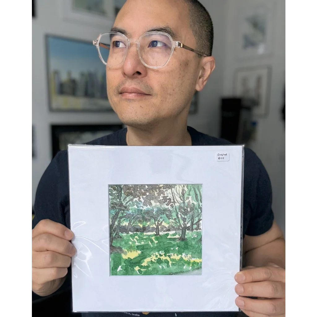 Sunny Botanical Garden original painting in green white watercolor