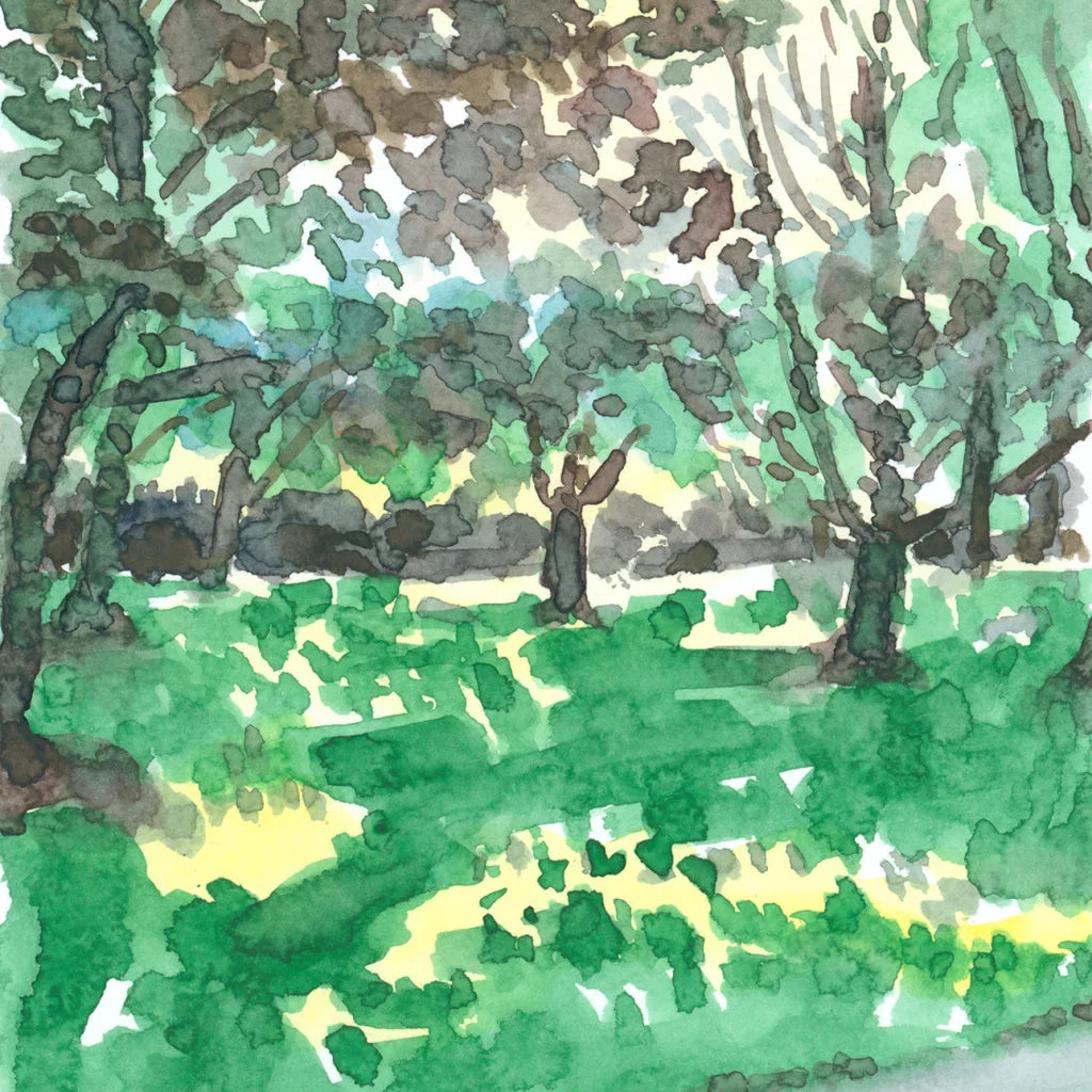 Sunny green watercolor botanical garden original painting with trees