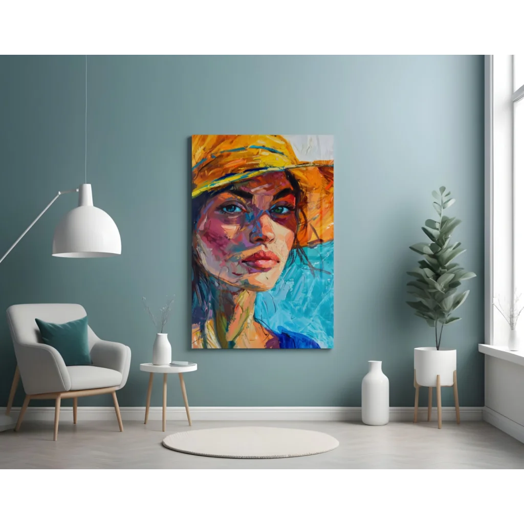 Sunny Yellow Hat glass wall art with blue abstract portrait and textured brushstrokes