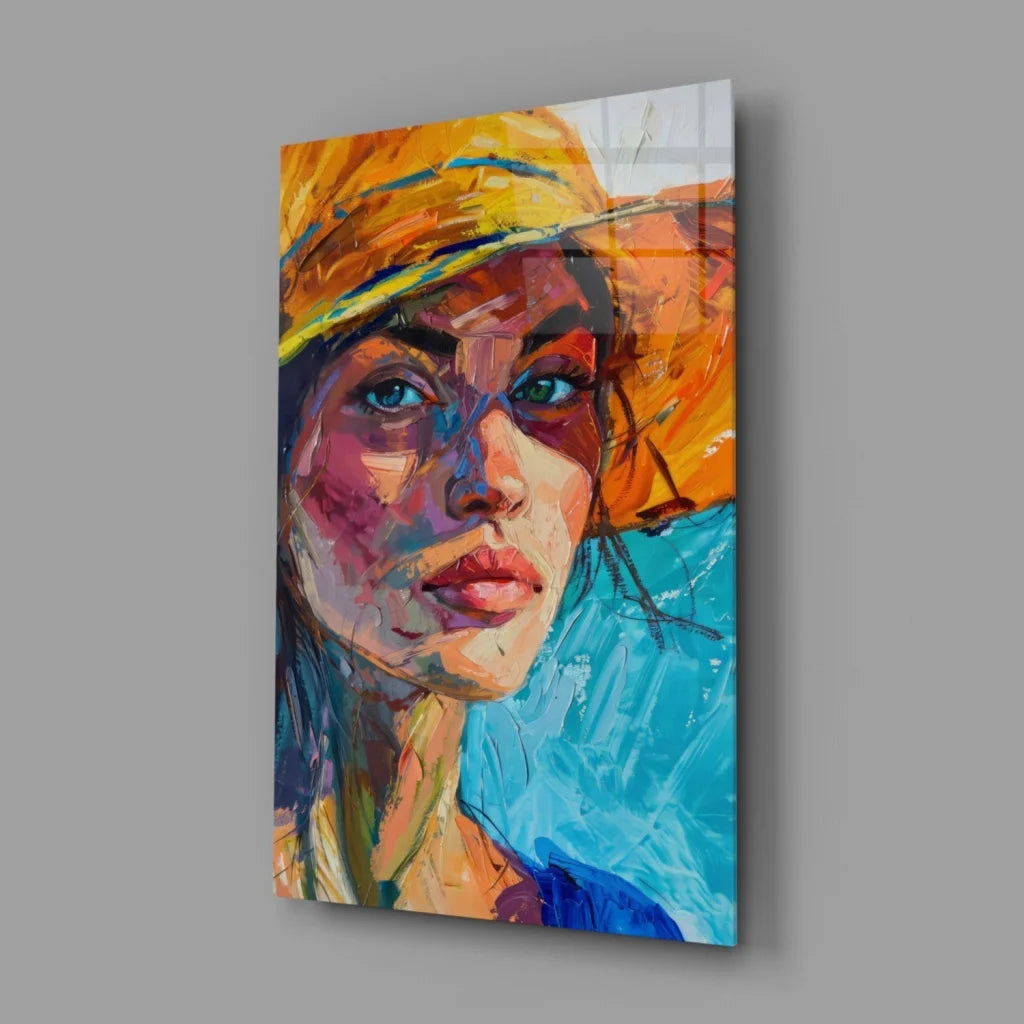 Sunny yellow sun hat glass wall art with bright blue sky