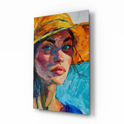 Sunny yellow sun hat on bright blue sky glass wall art