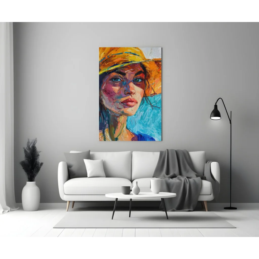 Sunny yellow sun hat glass wall art with bright blue sky