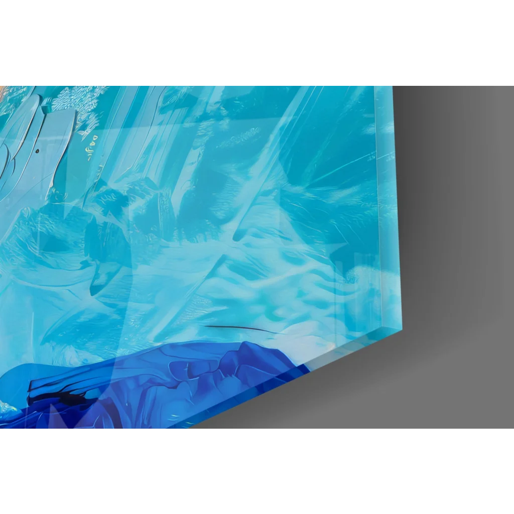 Sunny Yellow Hat glass wall art with blue sky and abstract print