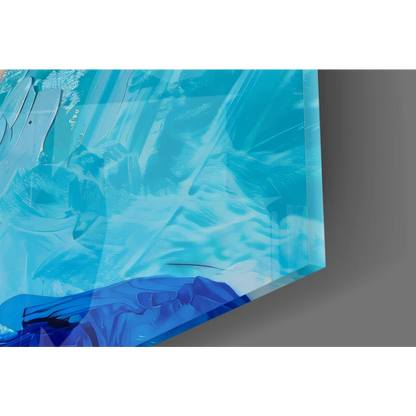 Sunny Yellow Hat glass wall art with blue sky and abstract print