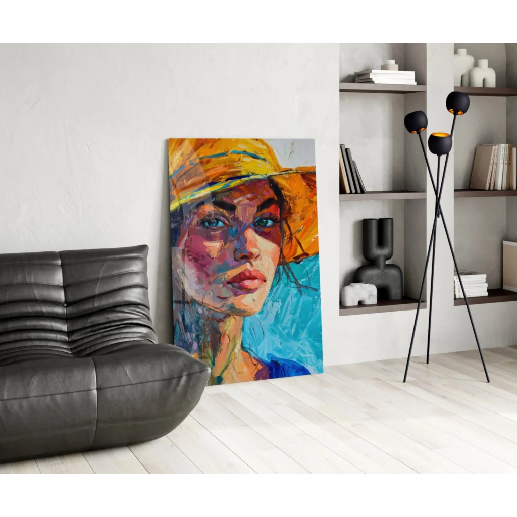 Vibrant abstract glass wall art of woman in sunny yellow hat on blue sky