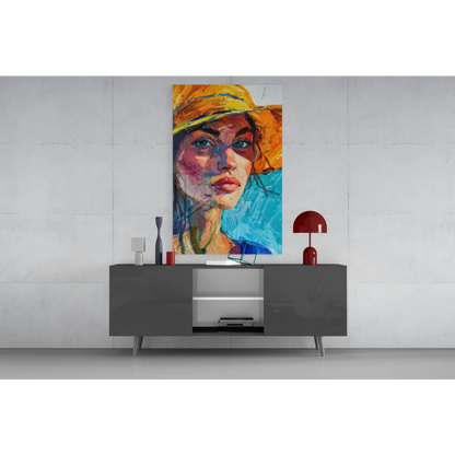 Sunny yellow hat glass wall art with blue sky and gray sideboard