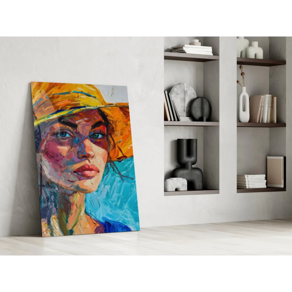 Vibrant abstract portrait glass wall art with sunny yellow hat and blue sky