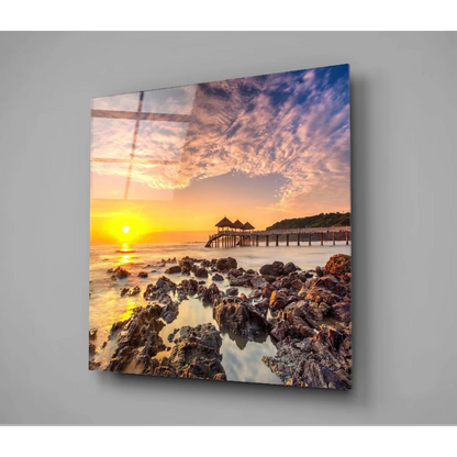 Vibrant sunset beach on glossy glass wall art panel for home