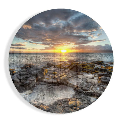 Vibrant sunset ocean tempered glass art circle on clear acrylic
