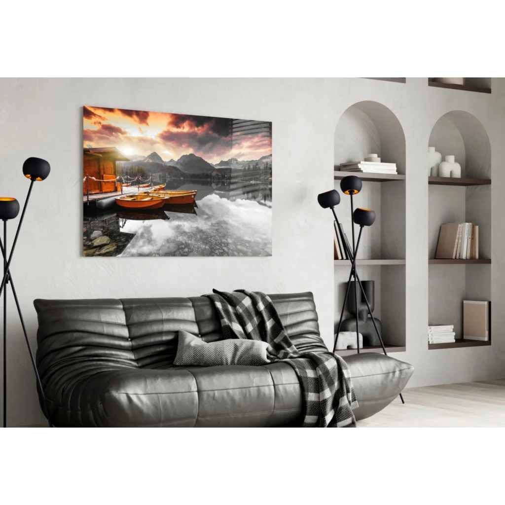 Serene sunset lake boats glass wall art with mountain views