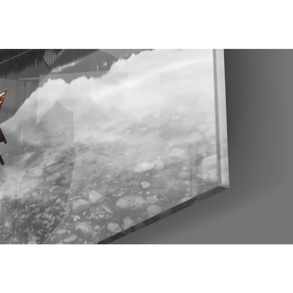 Turbulent rocky river in misty clouds, Sunset Lake Boats glass wall art