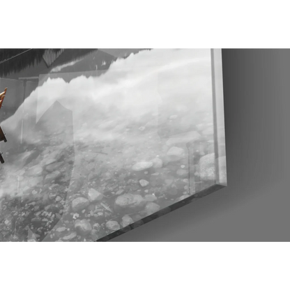 Turbulent rocky river in misty clouds, Sunset Lake Boats glass wall art