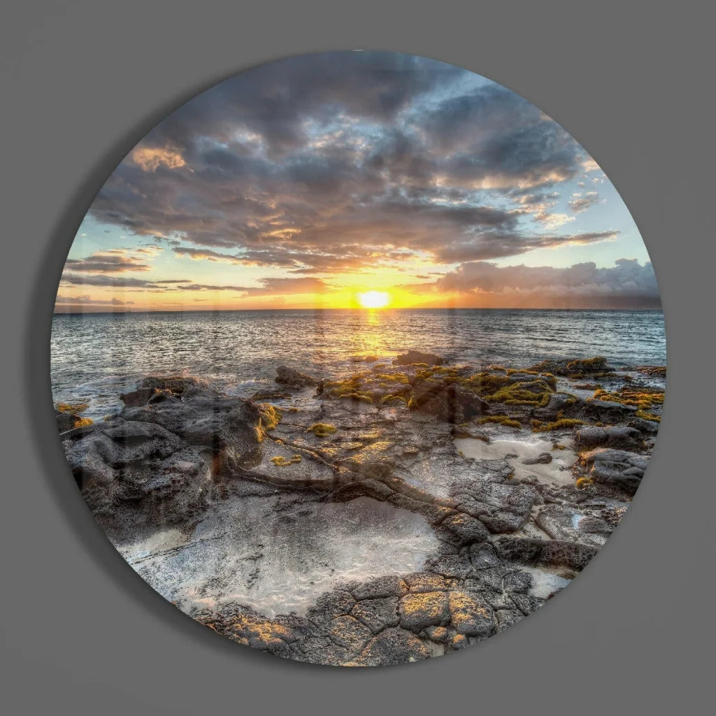 Stunning sunset ocean tempered glass art circle with vivid reflections