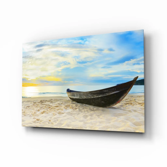 Weathered wooden boat on sandy beach at sunset, beige canvas wall art print