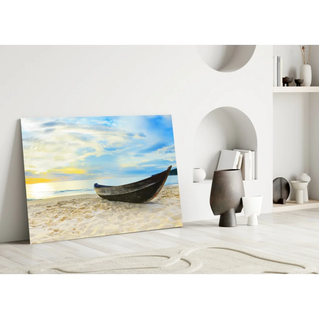 Beige blue beach scene canvas wall art with boat on sand at sunset