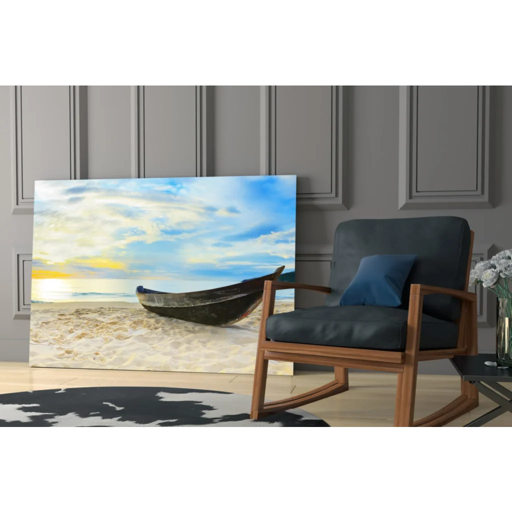 Cozy dark blue rocking chair under Sunset Beach Boat wall art print
