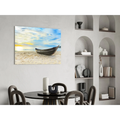 Serene sunset beach boat canvas wall art print