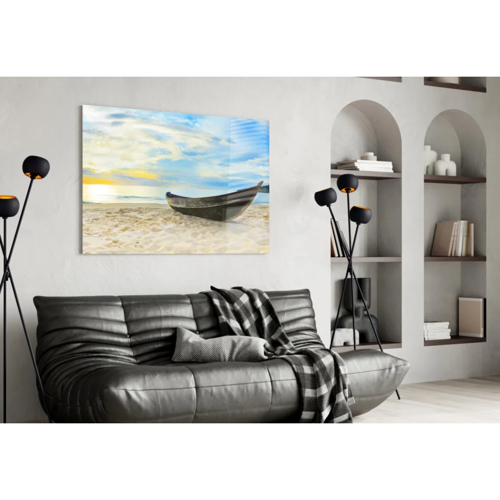 Solitary wooden boat on sandy beach at sunset, canvas wall art print