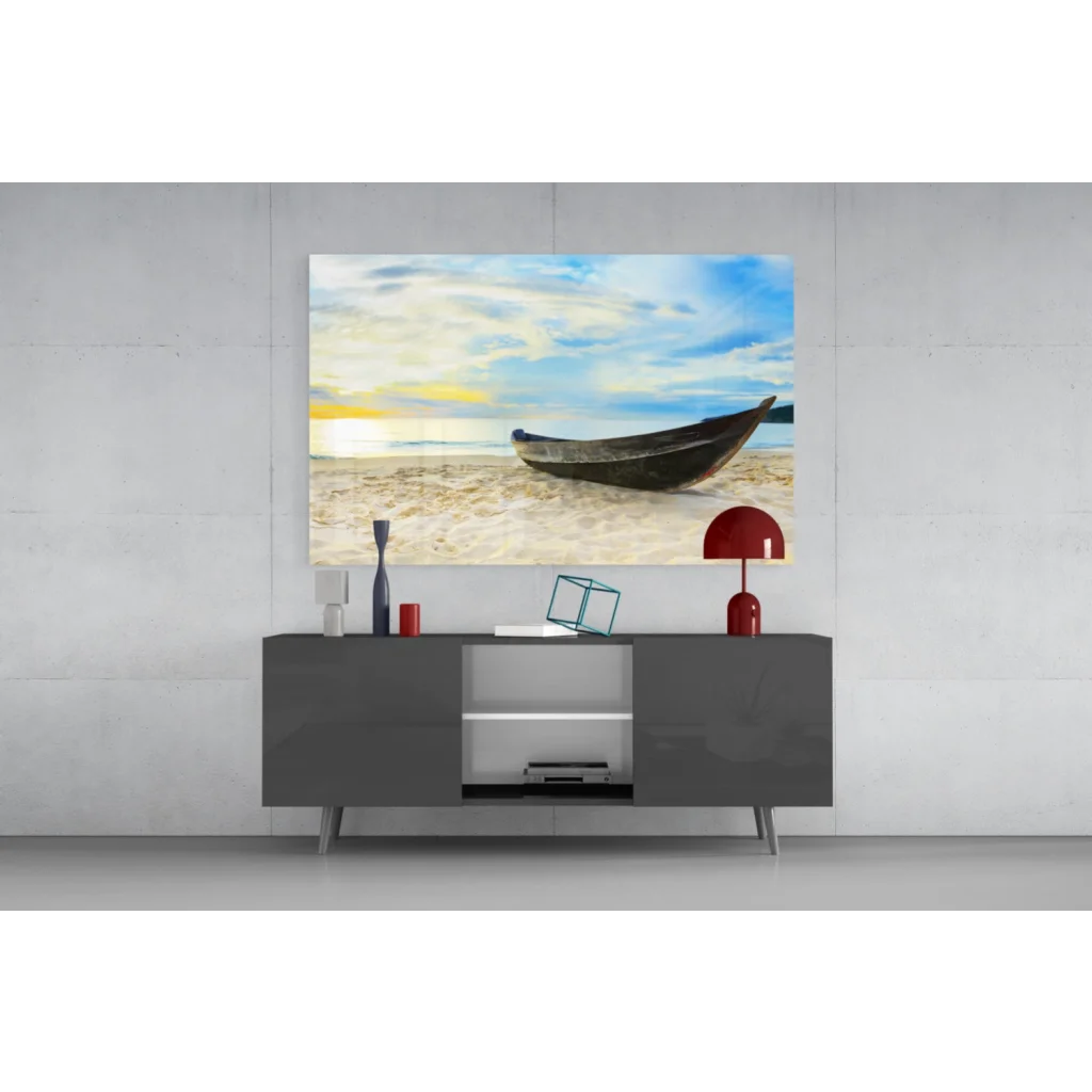 Weathered wooden boat on sandy beach sunset wall art canvas print